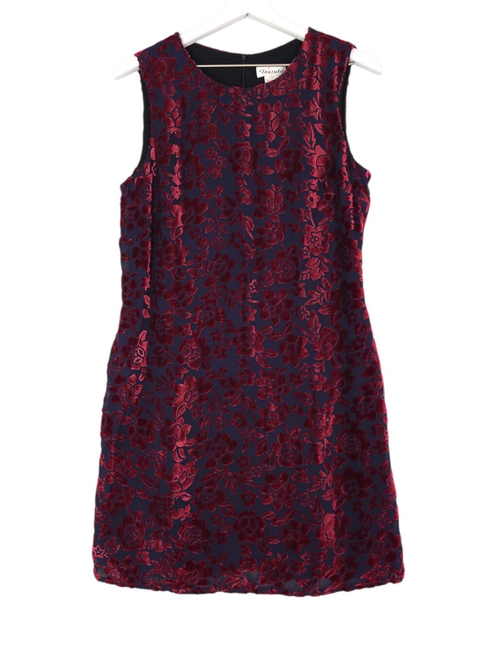 Vintage Tessuto Velvet Burnout Floral Shift Dress Sleeveless Burgundy Navy